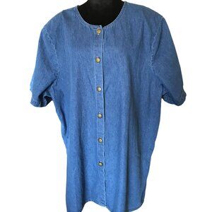 Elisabeth Denim Tunic Vintage 80s Collarless Button-Down Shirt, Plus Size 30W